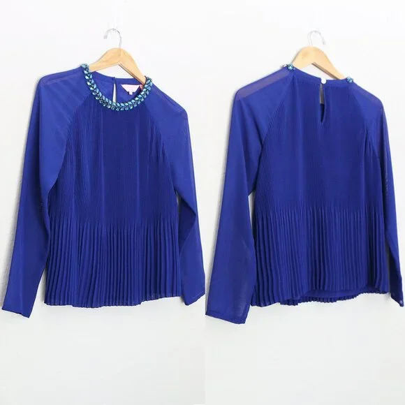 Ted Baker Lovina Jewel Embellished Accordion Pleated Blouse Cobalt Royal Blue 4 - Picture 4 of 16